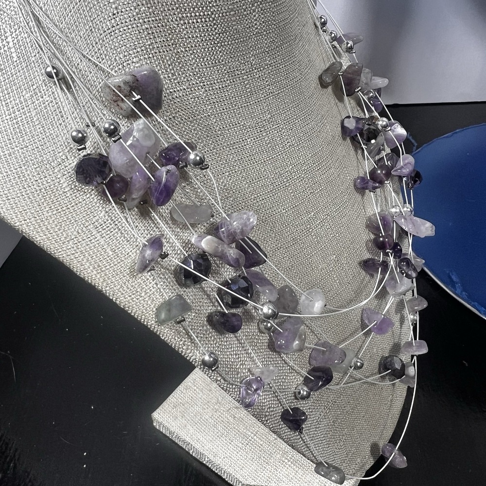 Multilayered Purple Amethyst & Bead  Wire Necklace